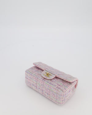 Chanel Lilac, Blue and Green Tweed Mini Rectangular Single Flap Bag with Gold Hardware