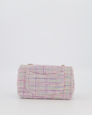 Chanel Lilac, Blue and Green Tweed Mini Rectangular Single Flap Bag with Gold Hardware