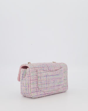 Chanel Lilac, Blue and Green Tweed Mini Rectangular Single Flap Bag with Gold Hardware
