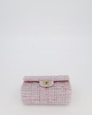 Chanel Lilac, Blue and Green Tweed Mini Rectangular Single Flap Bag with Gold Hardware