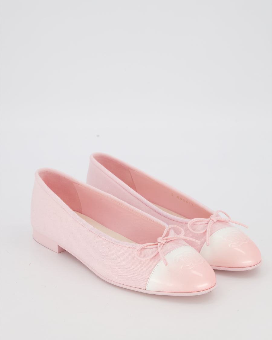 Chanel Pink Canvas Ballet Flats With White and Pink Tie and Die Patent Toe Size EU 37.5 (UK 4.5)