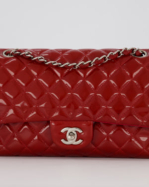 Chanel Medium Classic Double Flap Bag in Cherry Red Patent Leather With Silver Hardware