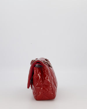 Chanel Medium Classic Double Flap Bag in Cherry Red Patent Leather With Silver Hardware