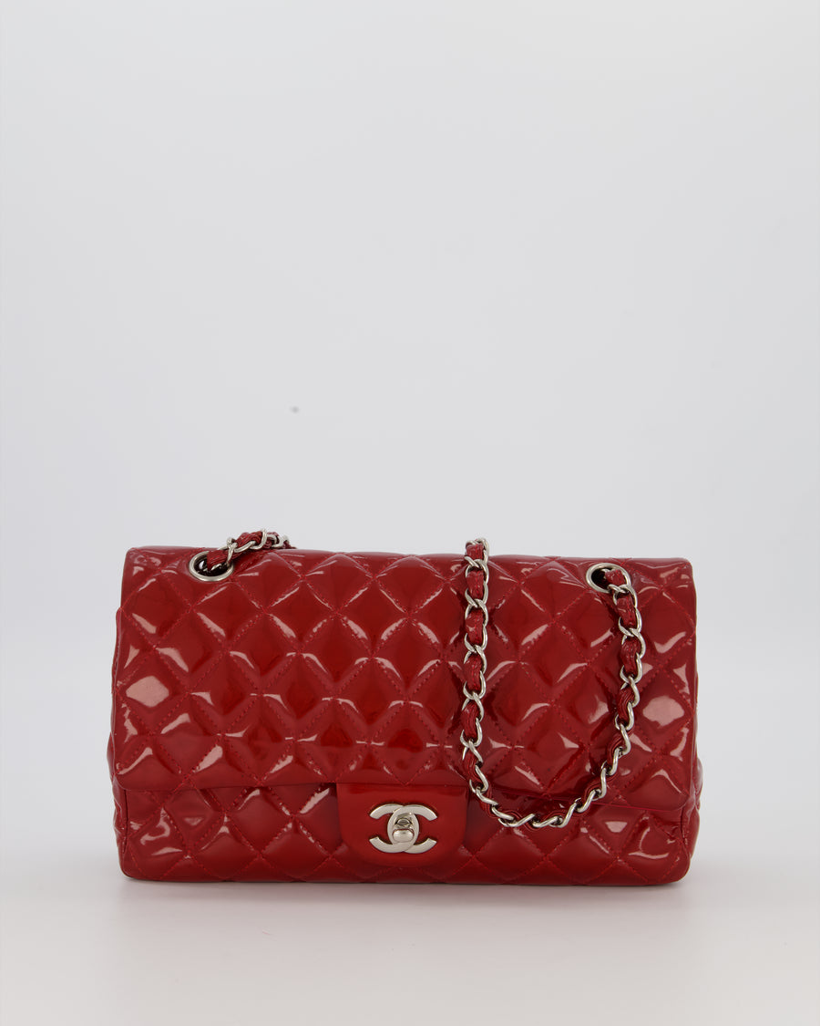 Chanel Medium Classic Double Flap Bag in Cherry Red Patent Leather With Silver Hardware