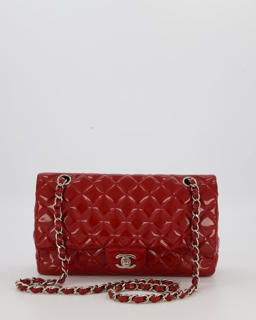 Chanel Medium Classic Double Flap Bag in Cherry Red Patent Leather With Silver Hardware
