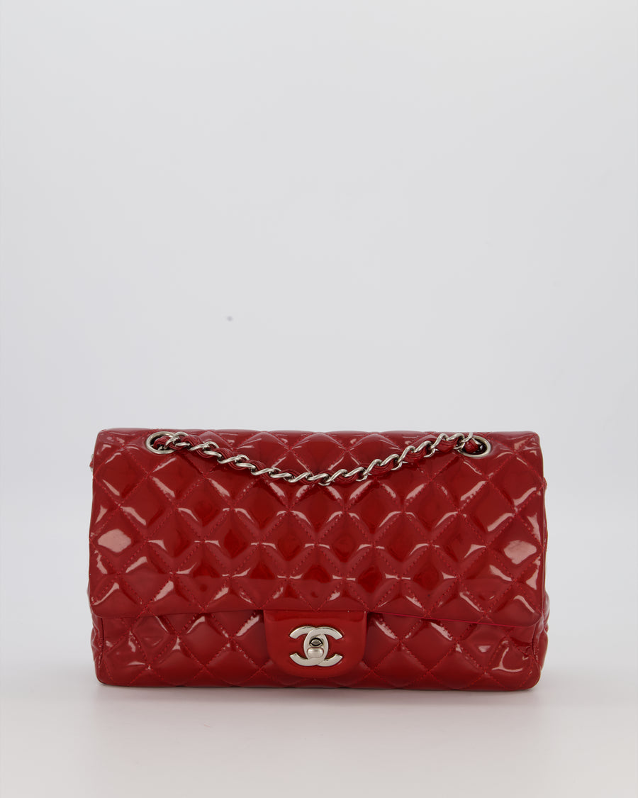 Chanel Medium Classic Double Flap Bag in Cherry Red Patent Leather With Silver Hardware