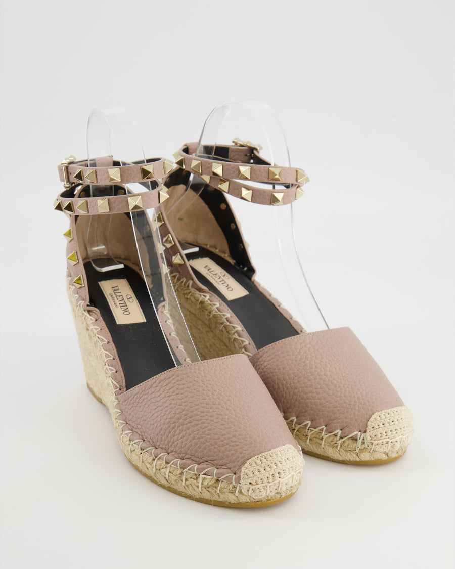 Valentino Beige Grained Leather Rockstud Wedge Espadrilles with Gold Stud Embellishments Size EU 37 RRP £690