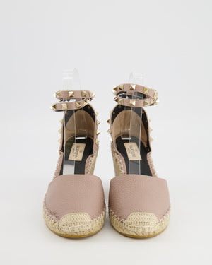 Valentino Beige Grained Leather Rockstud Wedge Espadrilles with Gold Stud Embellishments Size EU 37 RRP £690