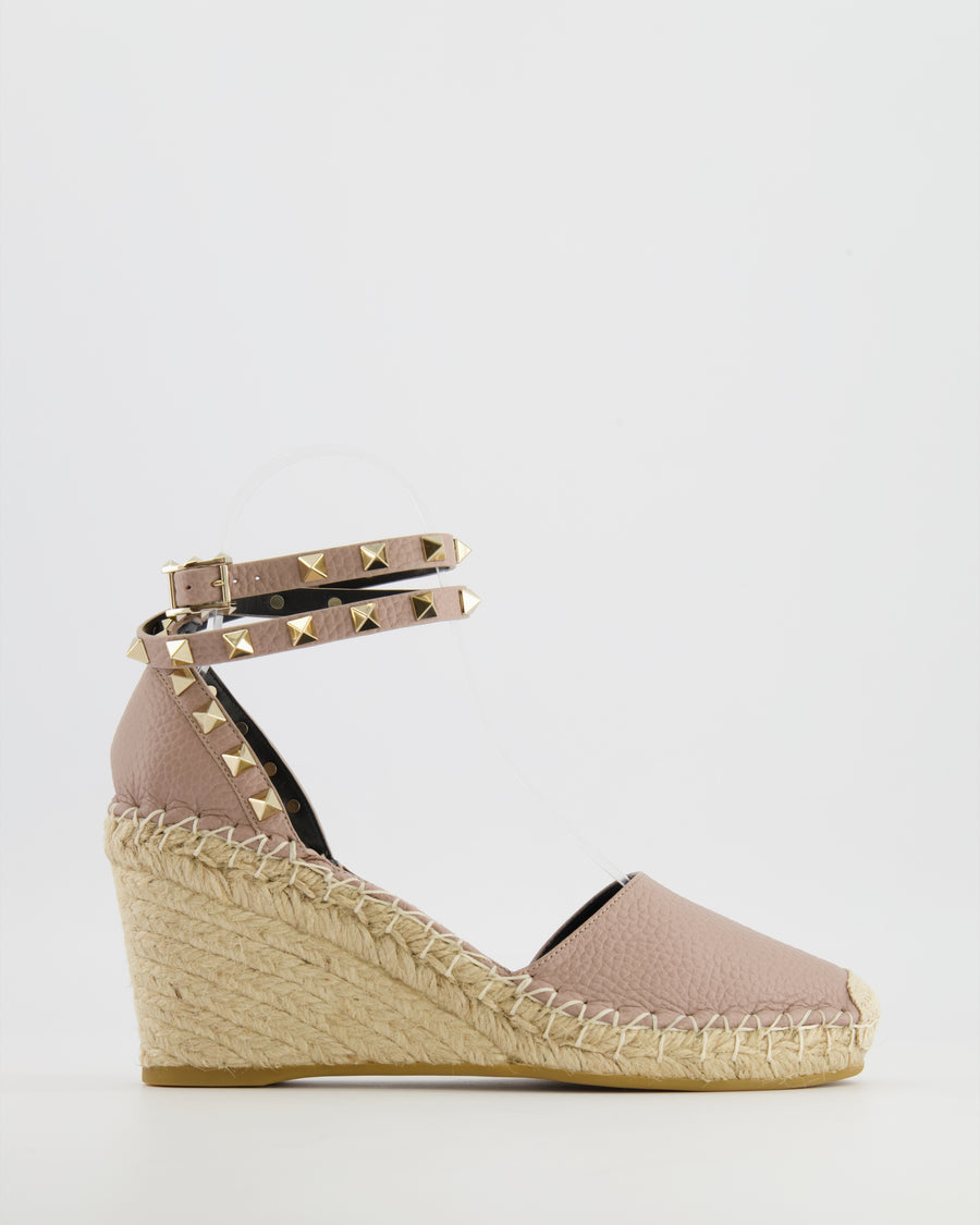 Valentino Beige Grained Leather Rockstud Wedge Espadrilles with Gold Stud Embellishments Size EU 37 RRP £690
