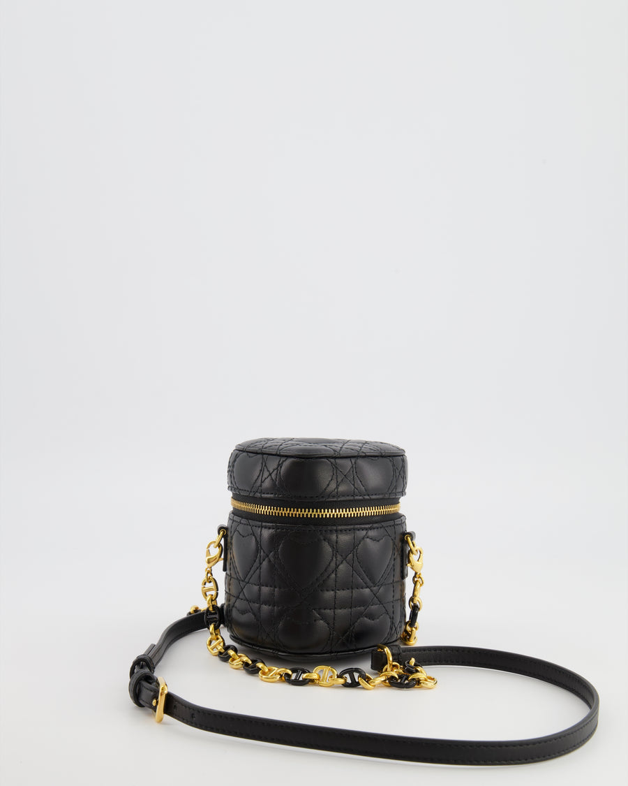 Christian Dior Dioramour Caro Heart Micro Vanity Bag in Black Quilted Lambskin Leather with Gold Hardware