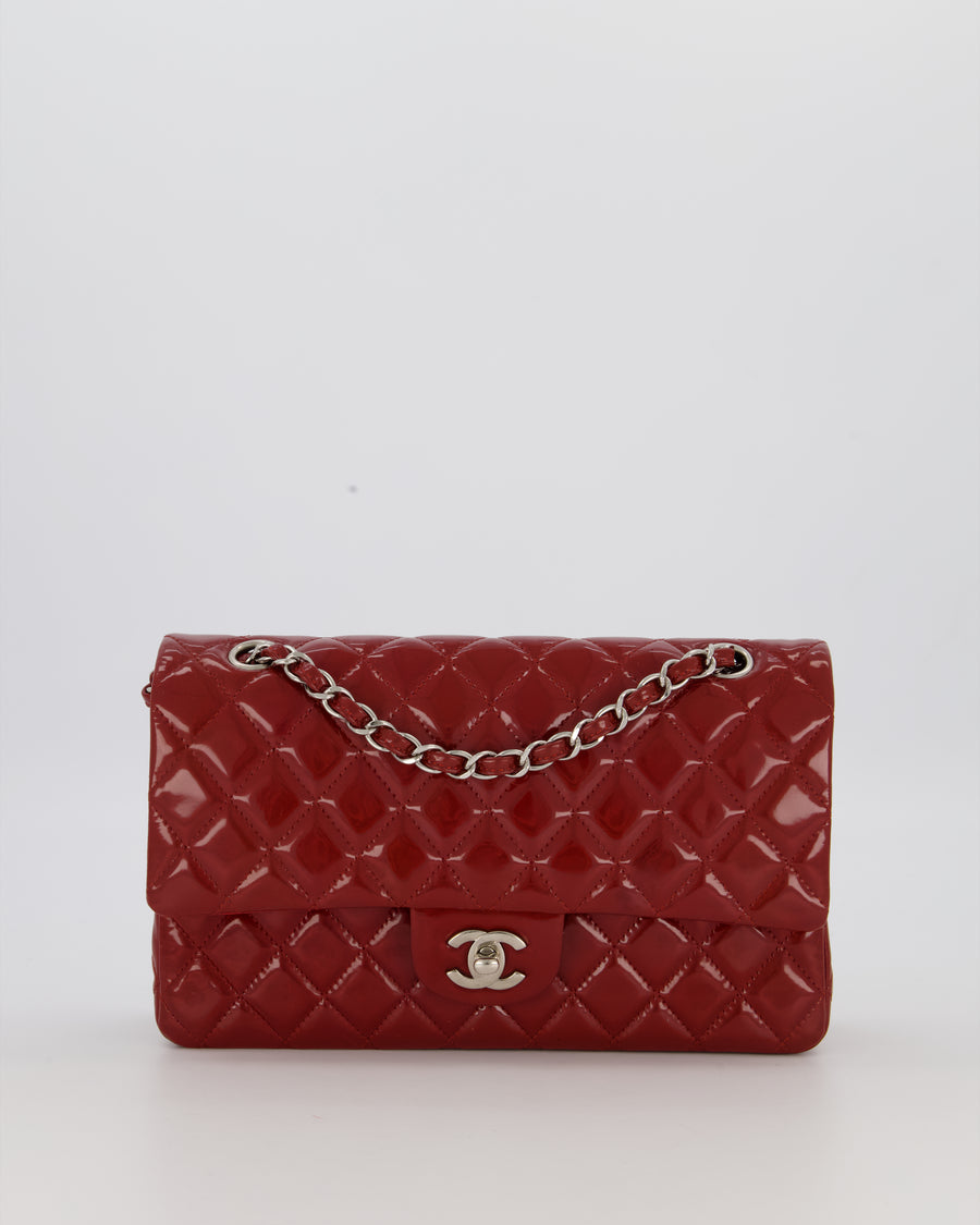 Chanel Cherry Red Medium Classic Double Flap Bag in Patent Leather With Silver Hardware