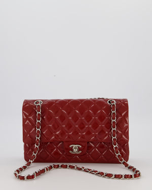 Chanel Cherry Red Medium Classic Double Flap Bag in Patent Leather With Silver Hardware