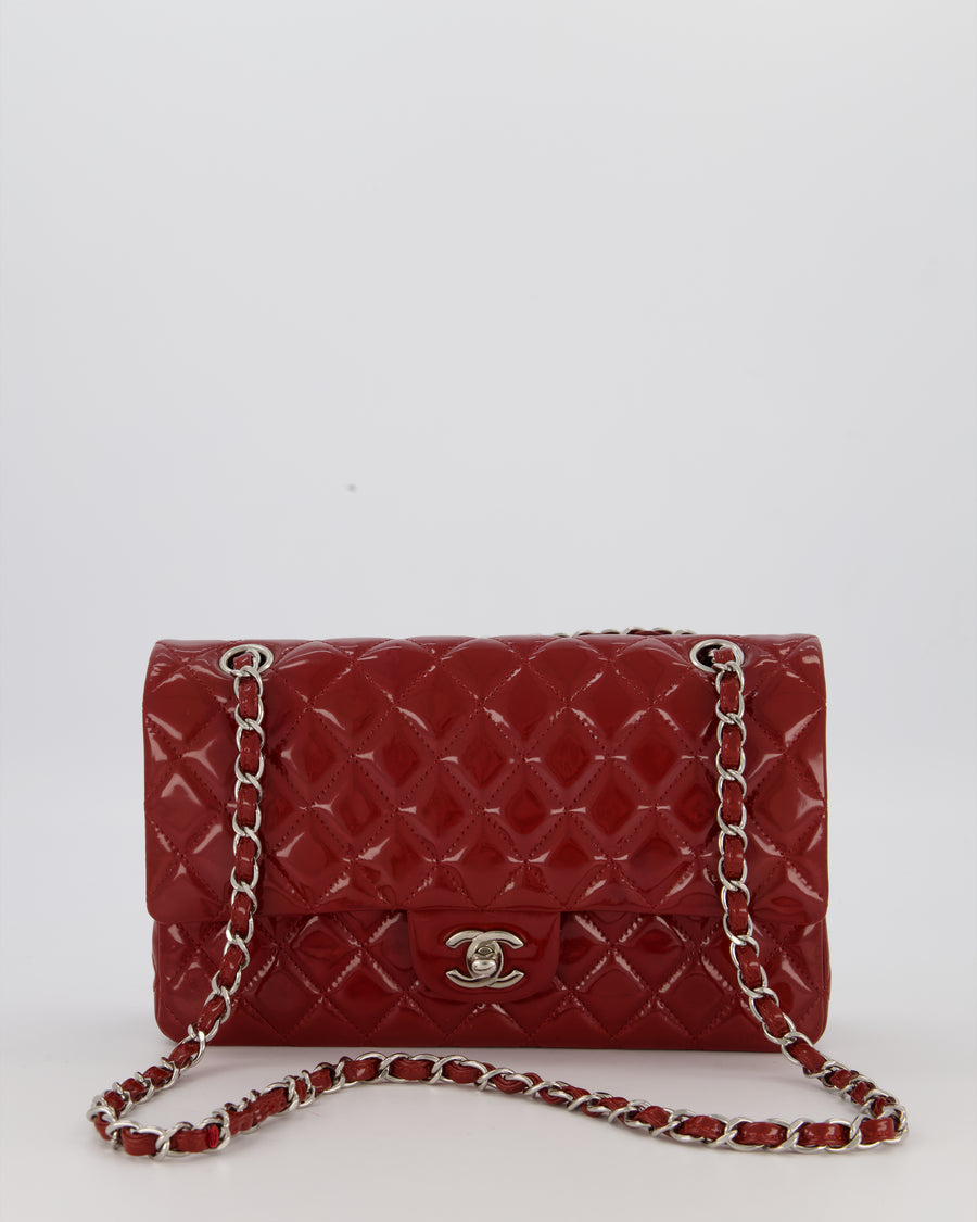 Chanel Cherry Red Medium Classic Double Flap Bag in Patent Leather With Silver Hardware