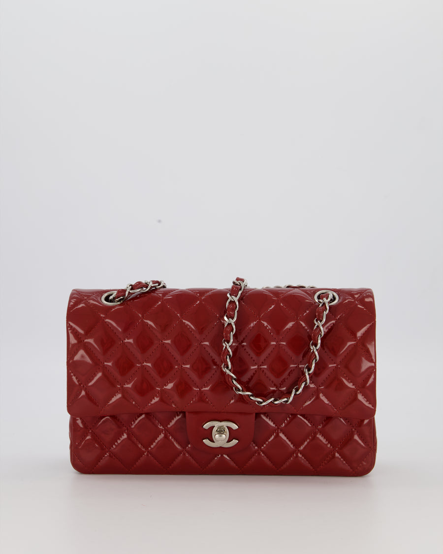 Chanel Cherry Red Medium Classic Double Flap Bag in Patent Leather With Silver Hardware