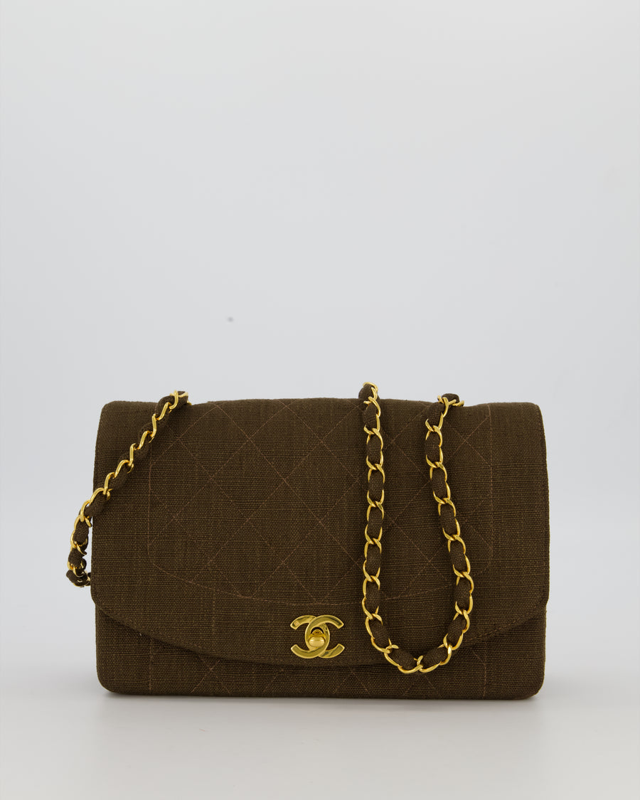 Chanel Vintage Medium Diana Flap Bag in Chocolate Brown Canvas with 24K Gold Hardware