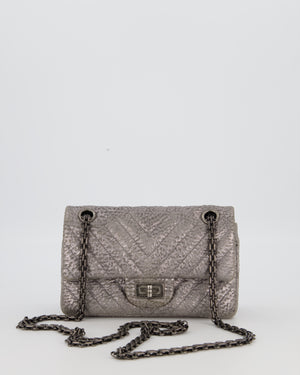 Chanel Mini 2.55 Chevron Stitched Reissue Flap Bag in Metallic Silver Calfskin with Gunmetal Hardware