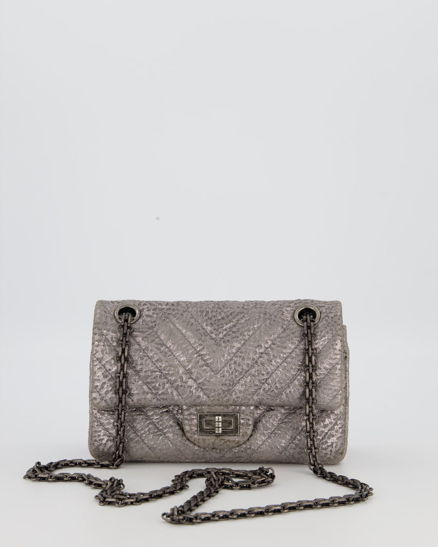 Chanel Mini 2.55 Chevron Stitched Reissue Flap Bag in Metallic Silver Calfskin with Gunmetal Hardware
