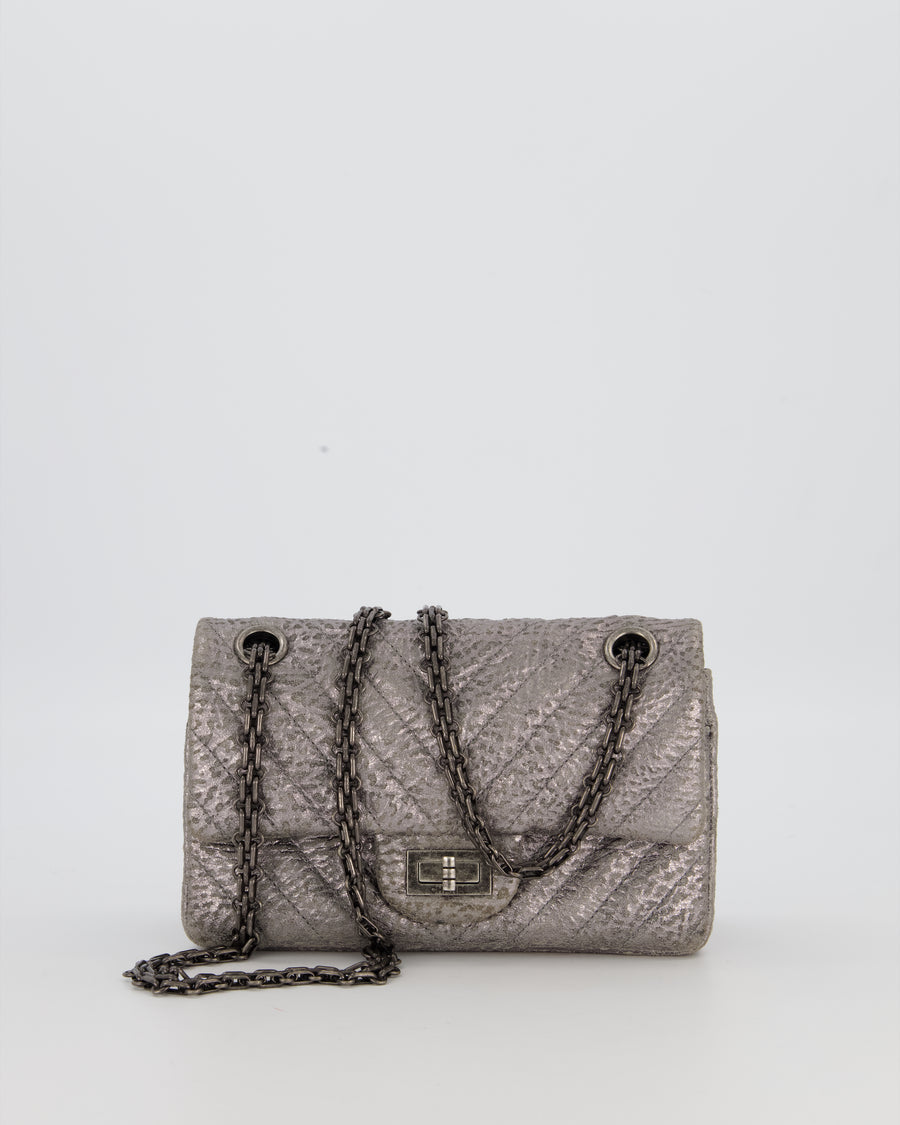 Chanel Mini 2.55 Chevron Stitched Reissue Flap Bag in Metallic Silver Calfskin with Gunmetal Hardware