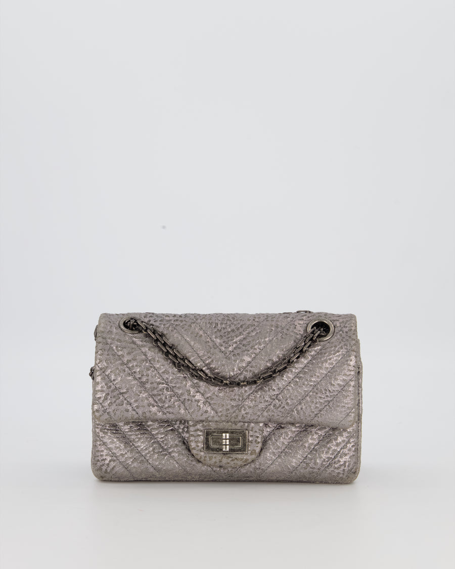 Chanel Mini 2.55 Chevron Stitched Reissue Flap Bag in Metallic Silver Calfskin with Gunmetal Hardware