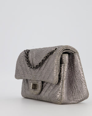 Chanel Mini 2.55 Chevron Stitched Reissue Flap Bag in Metallic Silver Calfskin with Gunmetal Hardware
