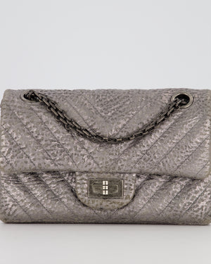 Chanel Mini 2.55 Chevron Stitched Reissue Flap Bag in Metallic Silver Calfskin with Gunmetal Hardware