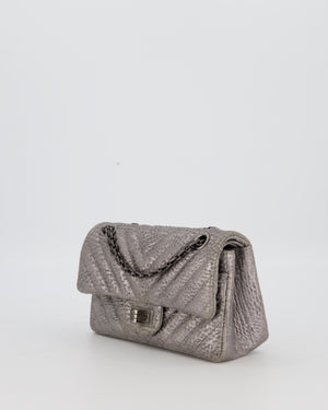 Chanel Mini 2.55 Chevron Stitched Reissue Flap Bag in Metallic Silver Calfskin with Gunmetal Hardware