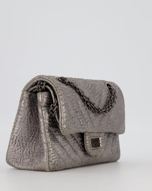 Chanel Mini 2.55 Chevron Stitched Reissue Flap Bag in Metallic Silver Calfskin with Gunmetal Hardware