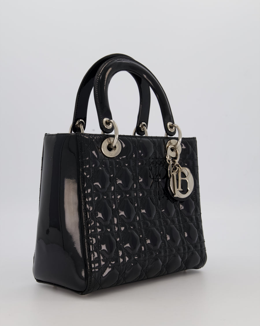 Christian Dior Black Medium Lady Dior Bag in Patent Leather With Silver Hardware