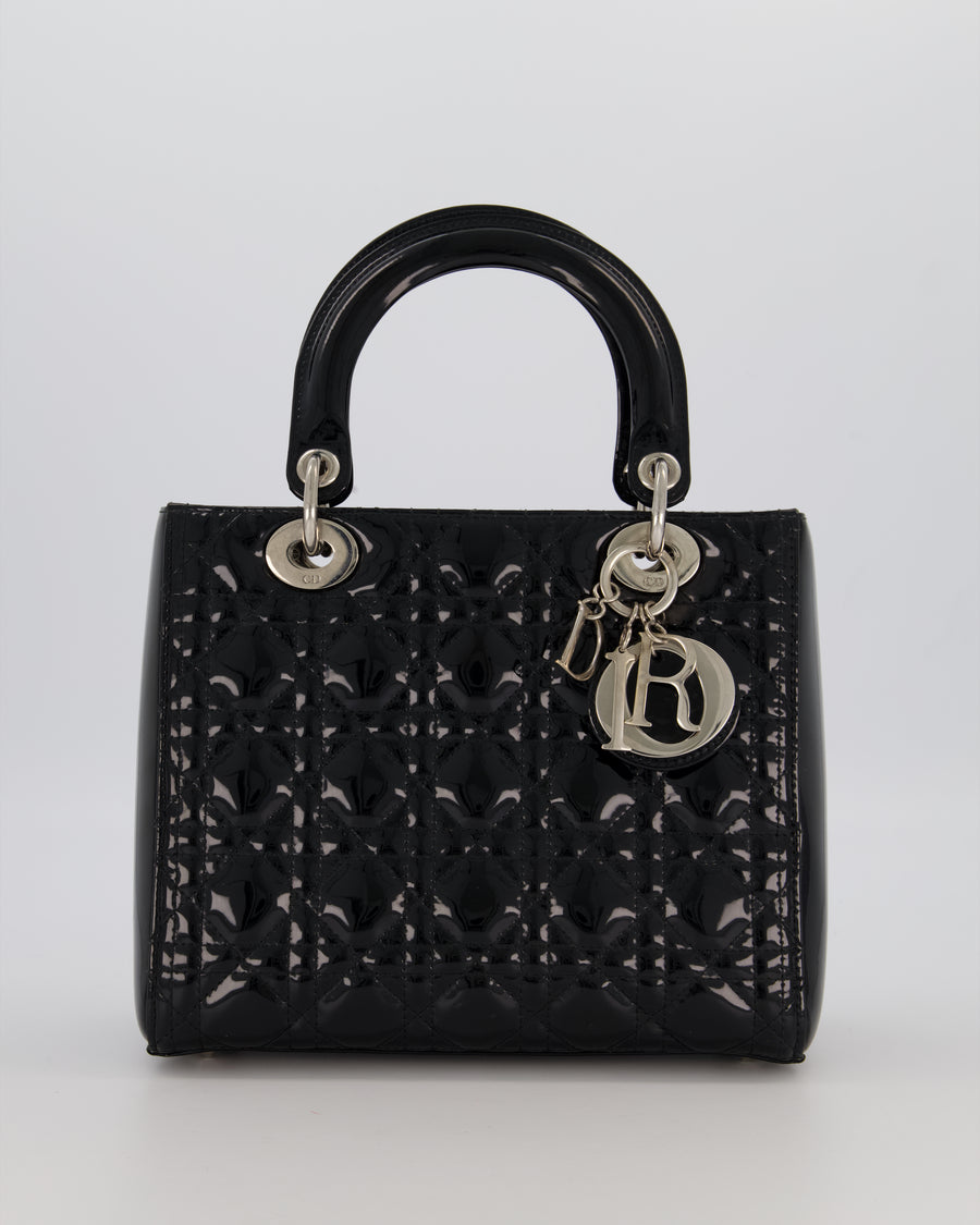 Christian Dior Black Medium Lady Dior Bag in Patent Leather With Silver Hardware