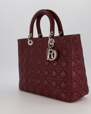 Christian Dior Burgundy Large Lady Dior Bag in Lambskin Leather With Silver Hardware