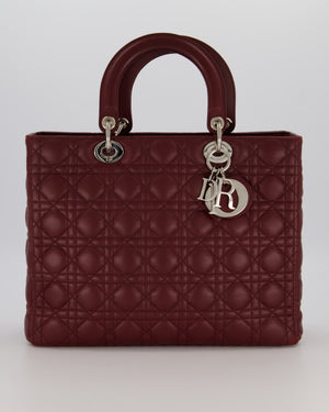 Christian Dior Burgundy Large Lady Dior Bag in Lambskin Leather With Silver Hardware