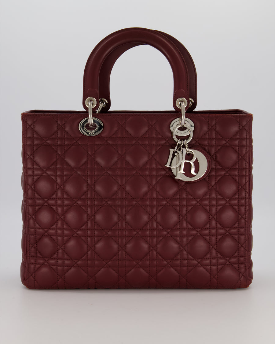 Christian Dior Burgundy Large Lady Dior Bag in Lambskin Leather With Silver Hardware