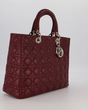 Christian Dior Burgundy Large Lady Dior Bag in Lambskin Leather With Silver Hardware