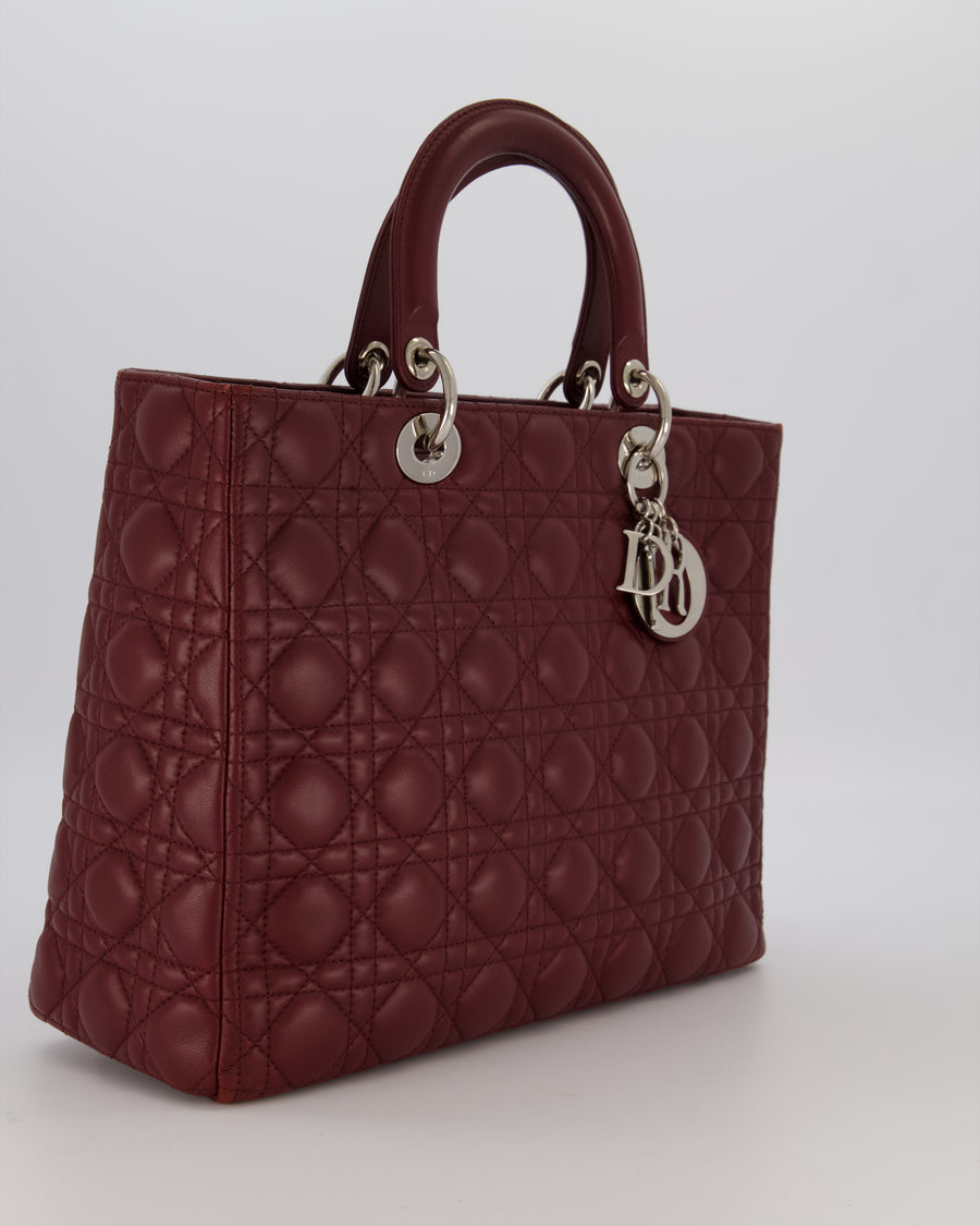 Christian Dior Burgundy Large Lady Dior Bag in Lambskin Leather With Silver Hardware