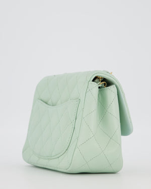 Chanel Mint Green Classic Mini Square Single Flap Bag In Lambskin Leather With Brushed Gold Hardware