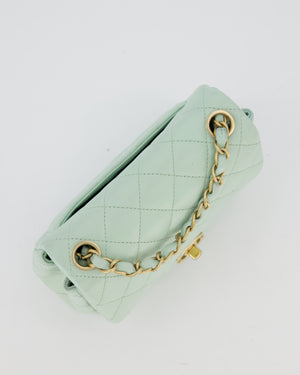 Chanel Mint Green Classic Mini Square Single Flap Bag In Lambskin Leather With Brushed Gold Hardware