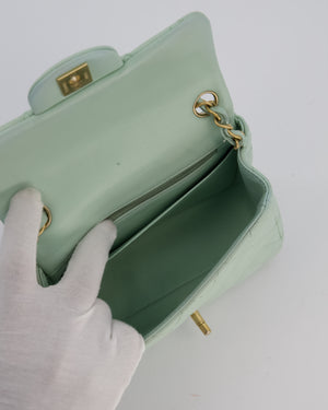 Chanel Mint Green Classic Mini Square Single Flap Bag In Lambskin Leather With Brushed Gold Hardware