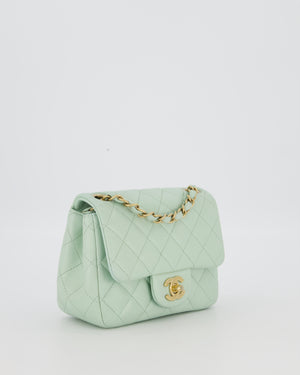 Chanel Mint Green Classic Mini Square Single Flap Bag In Lambskin Leather With Brushed Gold Hardware