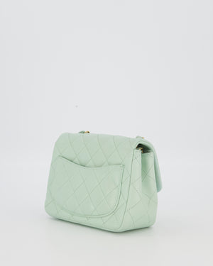 Chanel Mint Green Classic Mini Square Single Flap Bag In Lambskin Leather With Brushed Gold Hardware