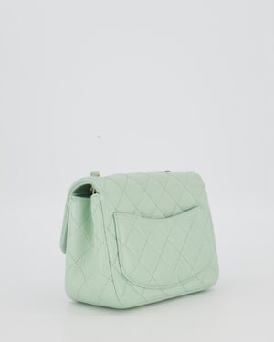 Chanel Mint Green Classic Mini Square Single Flap Bag In Lambskin Leather With Brushed Gold Hardware