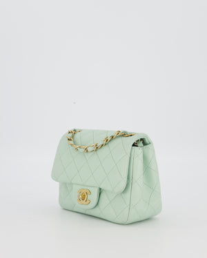 Chanel Mint Green Classic Mini Square Single Flap Bag In Lambskin Leather With Brushed Gold Hardware