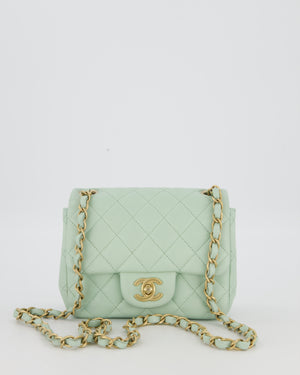 Chanel Mint Green Classic Mini Square Single Flap Bag In Lambskin Leather With Brushed Gold Hardware
