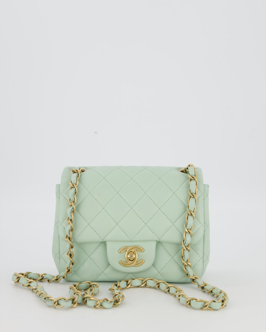 Chanel Mint Green Classic Mini Square Single Flap Bag In Lambskin Leather With Brushed Gold Hardware