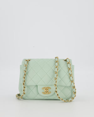 Chanel Mint Green Classic Mini Square Single Flap Bag In Lambskin Leather With Brushed Gold Hardware