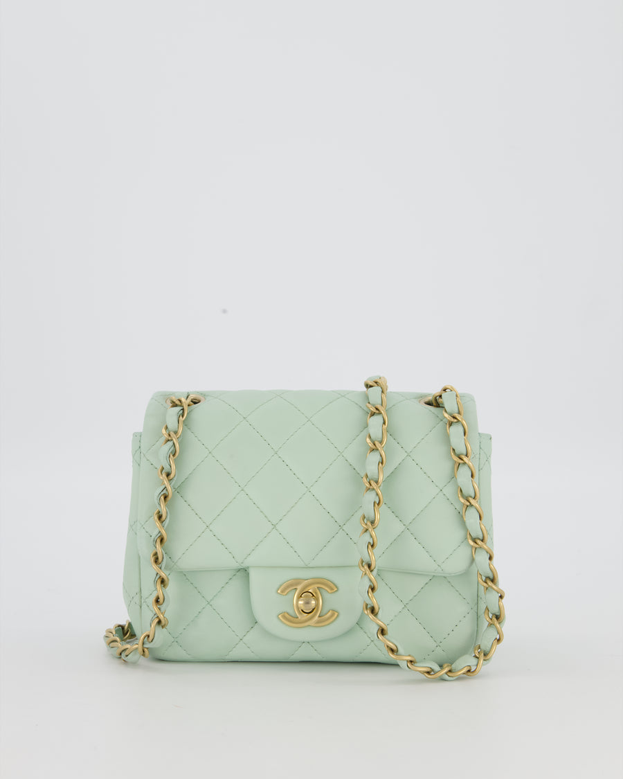 Chanel Mint Green Classic Mini Square Single Flap Bag In Lambskin Leather With Brushed Gold Hardware