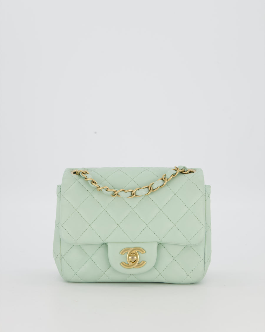 Chanel Mint Green Classic Mini Square Single Flap Bag In Lambskin Leather With Brushed Gold Hardware
