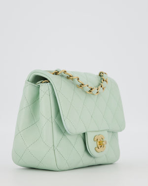 Chanel Mint Green Classic Mini Square Single Flap Bag In Lambskin Leather With Brushed Gold Hardware