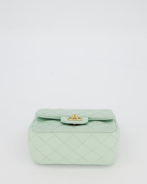 Chanel Mint Green Classic Mini Square Single Flap Bag In Lambskin Leather With Brushed Gold Hardware