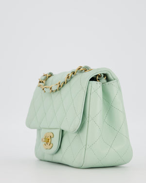 Chanel Mint Green Classic Mini Square Single Flap Bag In Lambskin Leather With Brushed Gold Hardware