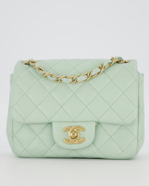Chanel Mint Green Classic Mini Square Single Flap Bag In Lambskin Leather With Brushed Gold Hardware